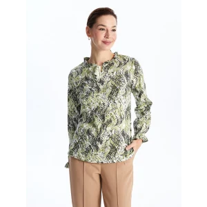 LCW Grace Yeşil Bağlamalı Yaka Desenli Uzun Kollu Kadın Bluz