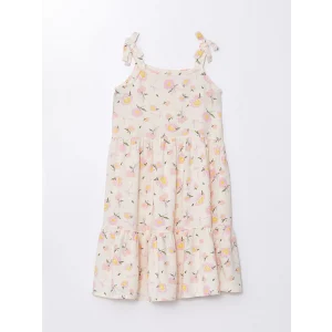 LCW Kids Ekru Kare Yaka Desenli Kız Çocuk Elbise