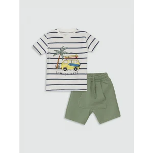 LCW Kids Ekru Bisiklet Yaka Çizgili Erkek Bebek Tişört ve Şort 2li Takım