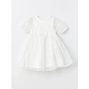 LCW Kids Ekru Bisiklet Yaka Kısa Kollu Dantel Kız Bebek Elbise