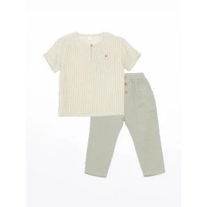 LCW Kids Ekru Bisiklet Yaka Kısa Kollu Basic Erkek Bebek Gömlek ve Pantolon 2li Takım