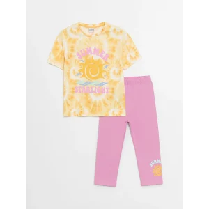 LCW Kids Turuncu Bisiklet Yaka Baskılı Kısa Kollu Kız Çocuk Tişört ve Tayt