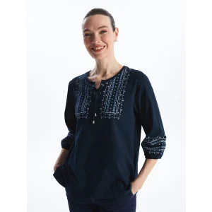 LCW Grace Lacivert Bağlamalı Yaka Desenli Kadın Bluz