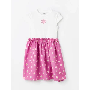 LCW Kids Ekru Bisiklet Yaka Çiçekli Kız Çocuk Elbise
