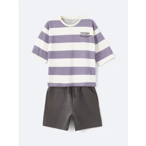 LCW Kids Bej Bisiklet Yaka Baskılı Erkek Bebek Tişört ve Şort 2li Takım