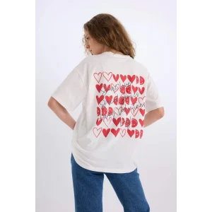 Defacto D9138 Beyaz SmileyWorld Oversize Geniş Kalıp Bisiklet Yaka Sırt Baskılı Kısa Kollu Tişört