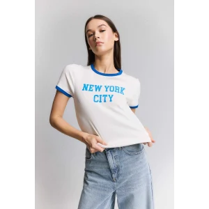 Defacto E7010 Beyaz Regular Fit Bisiklet Yaka Baskılı Ribana Kısa Kollu Tişört