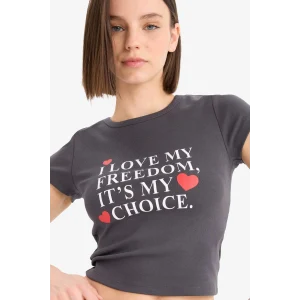 Defacto E7986 Antrasit Coool Fitted Bisiklet Yaka Baskılı Ribana Kısa Kollu Tişört