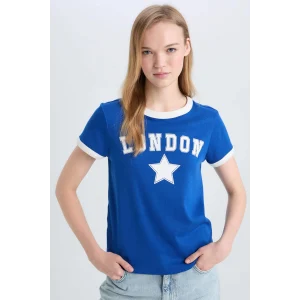 Defacto E0676 Mavi Coool Regular Fit Bisiklet Yaka Baskılı Ribana Kısa Kollu Tişört