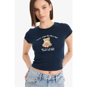 Defacto E7991 Lacivert Coool Fitted Bisiklet Yaka Fotoğraf Baskılı Ribana Kısa Kollu Tişört