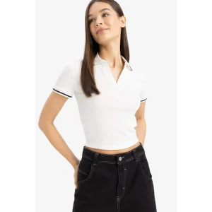 Defacto E7906 Beyaz Fitted Polo Yaka Fitilli Kaşkorse Kısa Kollu Tişört