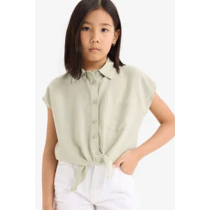 Defacto D7646 Yeşil Kız Çocuk Crop Önden Bağlamalı Pamuklu Kısa Kollu Gömlek