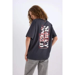 Defacto D9139 Antrasit SmileyWorld Oversize Geniş Kalıp Bisiklet Yaka Sırt Baskılı Kısa Kollu Tişört