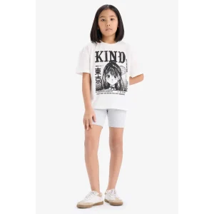 Defacto E7317 Ekru Kız Çocuk Pamuklu 2li Takım Baskılı Kısa Kollu Tişört Biker Tayt