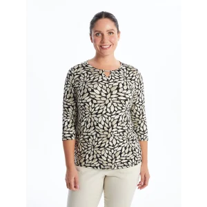LCW Grace Siyah Bisiklet Yaka Desenli Kadın Tişört