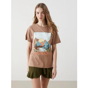 XSIDE Kahverengi Bisiklet Yaka Colorado Baskılı Kadın Tişört
