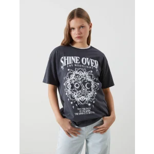 XSIDE Gri Bisiklet Yaka Baskılı Kadın Tişört