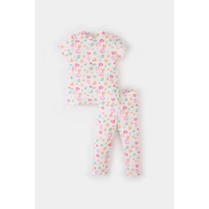 Defacto E5722 Ekru Kız Bebek 2li Takım Desenli Fitilli Kaşkorse Kısa Kollu Üst Tayt