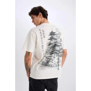 Defacto E0909 Ekru %100 Pamuk Boxy Fit Bisiklet Yaka Sırt Baskılı Kısa Kollu Tişört