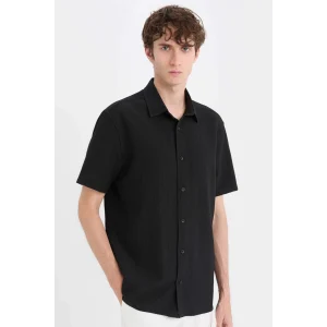 Defacto E1223 Siyah Regular Fit Polo Yaka Krinkıl Yazlık Kısa Kollu Siyah Gömlek