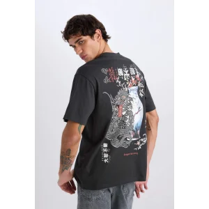 Defacto E0908 Antrasit %100 Pamuk Boxy Fit Bisiklet Yaka Sırt Baskılı Kısa Kollu Tişört