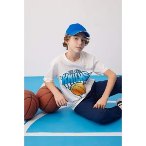 Defacto B6821 Ekru Erkek Çocuk NBA New York Knicks Oversize Geniş Kalıp Bisiklet Yaka Kısa Kollu Tişört