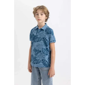 Defacto B6163 Mavi Erkek Çocuk Desenli Pike Kısa Kollu Polo Tişört