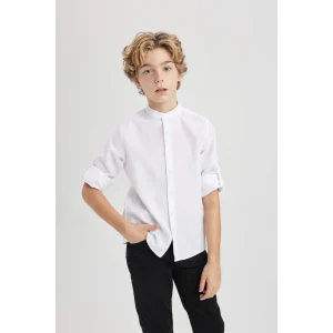 Defacto W3214 Beyaz Erkek Çocuk Dik Yaka Dokulu Basic Düz Uzun Kollu Gömlek