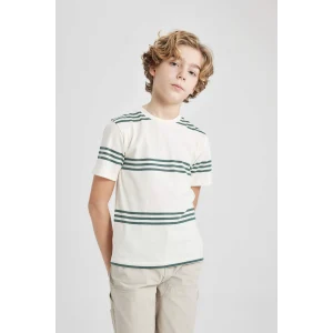 Defacto B5932 Ekru Erkek Çocuk Bisiklet Yaka Çizgili Kısa Kollu Tişört