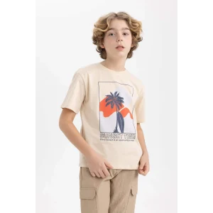Defacto C1934 Bej Erkek Çocuk Bisiklet Yaka Baskılı Kısa Kollu Tişört