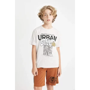 Defacto C4651 Gri Erkek Çocuk Bisiklet Yaka Baskılı Kısa Kollu Tişört