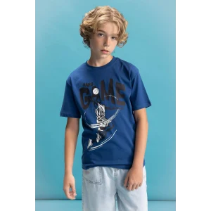 Defacto C6259 Mavi Erkek Çocuk Bisiklet Yaka Renk Şekil Değiştiren Baskılı Kısa Kollu Tişört