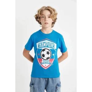 Defacto C6498 Mavi Erkek Çocuk Bisiklet Yaka Baskılı Kısa Kollu Tişört