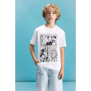 Defacto C6260 Beyaz Erkek Çocuk Bisiklet Yaka Renk Şekil Değiştiren Basklı Kısa Kollu Tişört