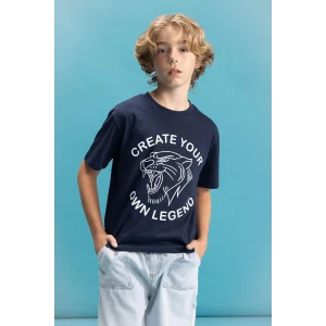 Defacto C6256 Lacivert Erkek Çocuk Bisiklet Yaka Renk Şekil Değiştiren Baskılı Kısa Kollu Tişört