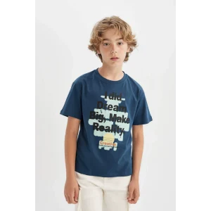 Defacto C4660 Lacivert Erkek Çocuk Bisiklet Yaka Baskılı Kısa Kollu Tişört