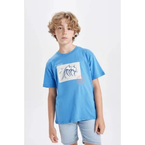 Defacto C4657 Mavi Erkek Çocuk Bisiklet Yaka Baskılı Kısa Kollu Tişört