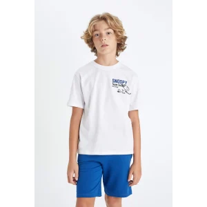 Defacto D2100 Beyaz Erkek Çocuk Snoopy Bisiklet Yaka Kısa Kollu Tişört