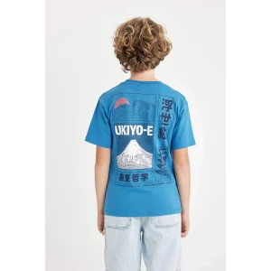 Defacto D2419 Mavi Erkek Çocuk Bisiklet Yaka Sırt Baskılı Kısa Kollu Tişört