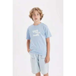 Defacto D2416 Mavi Erkek Çocuk Bisiklet Yaka Baskılı Kısa Kollu Tişört