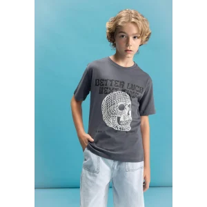 Defacto C6255 Antrasit Erkek Çocuk Bisiklet Yaka Renk Şekil Değiştiren Basklı Kısa Kollu Tişört