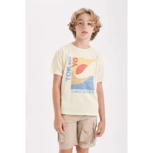 Defacto D2420 Bej Erkek Çocuk Bisiklet Yaka Baskılı Kısa Kollu Tişört