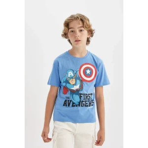 Defacto C3105 Mavi Erkek Çocuk Marvel Avengers Bisiklet Yaka Kısa Kollu Tişört