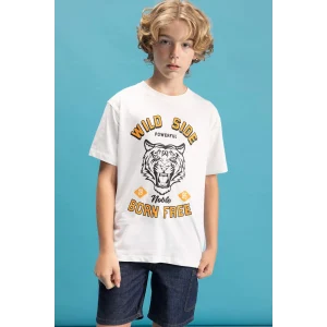 Defacto C6257 Ekru Erkek Çocuk Bisiklet Yaka Renk Şekil Değiştiren Basklı Kısa Kollu Tişört