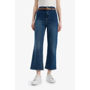 Defacto D4325 Mavi Culotte Yüksek Bel Kısa Geniş Paça Kemerli Jean Yıkamalı Pantolon