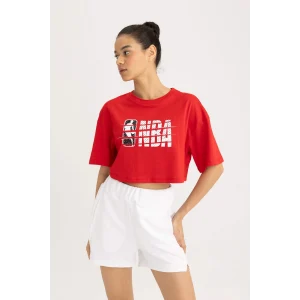 Defacto B9975 Kırmızı DeFactoFit NBA Wordmark Oversize Geniş Kalıp Bisiklet Yaka Kısa Kollu Crop Tişört