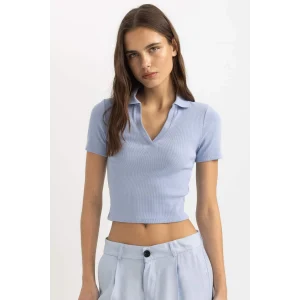 Defacto C4076 Mavi Slim Fit Dar Kesim Fitilli Kaşkorse Kısa Kollu Polo Tişört