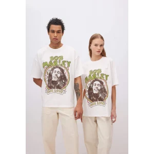 Defacto C5039 Beyaz Unisex Bob Marley One Love Oversize Geniş Kalıp Bisiklet Yaka Kısa Kollu Tişört