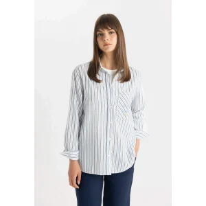 Defacto C8854 Mavi Relax Fit Çizgili Uzun Kollu Flamlı Pamuk Gömlek Tunik