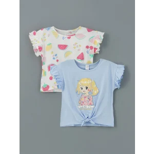 LCW Kids Lila Baskılı Penye Fırfırlı Kız Çocuk Tişört 2li